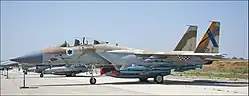 The F-15I Eagle Ra'am #201 of the Flight Test Center Manat at Tel Nof (see special symbol on tail) during an exhibition in 2017