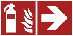 A fire extinguisher sign, combined with an arrow to the right.