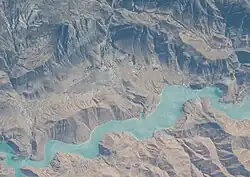 Karun-3 Lake and the villages of Bar Aftab-e Fazl, Howz Gel, and Darbeh-ye Gharibi in the Zagros Mountains