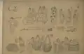 An illustration depicting people selling fruits and bread. It also shows tools used during that time.