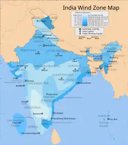 India wind zone map. A map of India overlaid with zones of various shades of blue, each representing a region that experiences a similar level of windiness. The entire eastern littoral and the northern half of the country are shaded in relatively dark blues, signifying relatively windy prevailing conditions of between 30 and 50 metres per second. The darkest blue region is in the extreme north, beyond the Himalayas in Ladakh, on the Tibetan Plateau; there, sustained winds average over 50 metres per second. The inland central, south, and especially the southwestern portions are shaded in light blues: they are relatively windless, averaging less than 30 metres per second.