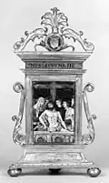 Italian, painted enamel and gilt-copper frame, early 16th century. The main image after a plaquette. 19&nbsp;cm (7.5&nbsp;in) high