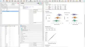 Screenshot of JASP with many submodules activated and a small sample data set is loaded and analyzed
