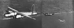 US JM-1 Marauder (B-26C) towing a target aircraft below an F6F-5N Hellcat