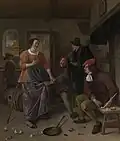 The painting of 'The Broken Eggs' by Jan Steen, according to Lord Powerscourt, shows "portraits of Jan Steen and his friend Van Goyen".