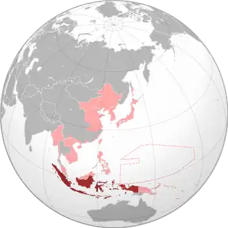 The former Dutch East Indies (dark red) within the Empire of Japan (light red) at its furthest extent in late 1942