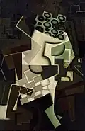 Juan Gris, 1917, Compotier et nappe à carreaux (Fruit Dish on a Checkered Tablecloth), oil on wood panel, 80.6 × 53.9&nbsp;cm