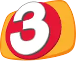 A white sans serif 3 on a red circle atop a yellow rounded rectangle, viewed in perspective and rendered in 3D.