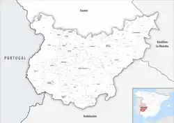 Map of the province of Badajoz with its municipalities