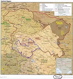 Jammu district is in the Jammu division (shown with neon blue boundary) of Indian-administered Jammu and Kashmir (shaded in tan in the disputed Kashmir region[1]