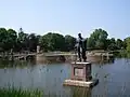 A statue of Egmont stands in the middle of the old moat of Egmond aan den Hoef