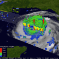 Surface with shading information varying across it to convey rain column height.