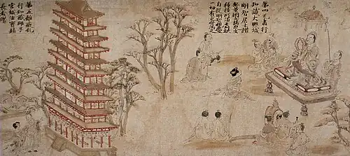 Text located in a box at the top of the scroll, Kegon Gojūgo-sho Emaki&nbsp;[fr], 12th century