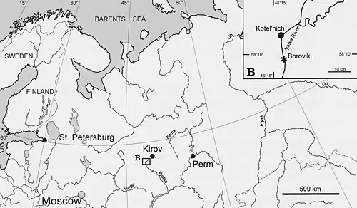 Map showing the Kotelnich locality in Russia where Viatkogorgon was found