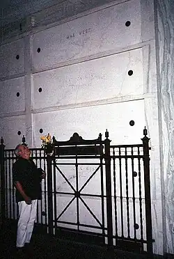 West family mausoleum at Cypress Hills Cemetery with floral tributes, photographed in 2007
