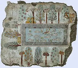 Pond in a Garden showing date-palms, sycamore trees and a pool teeming with life; the sycamore goddess with her produce, is shown at top right.[15]