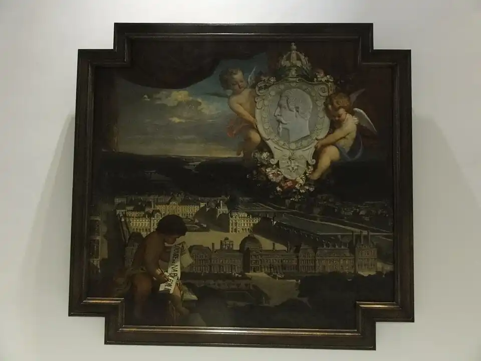 Celebratory tapestry cartoon[4] showing the expanded Louvre between a cherub holding a ribbon inscribed with "LE LOUVRE DE NAPOLEON III" (lower left) and two angels holding the Emperor's profile (upper right), by Victor Chavet&nbsp;[fr] (1857); now at the Louvre