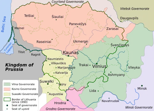 Image 16Modern Lithuania with the former Russian Empire's administrative divisions (governorates) shown (1867–1914). (from History of Lithuania)