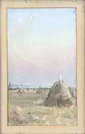 Oil painting of a hay field with hay stacks