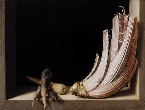 Still Life with Thistle and Carrots, c. 1603, 62 × 82&nbsp;cm, Museo de Bellas Artes de Granada