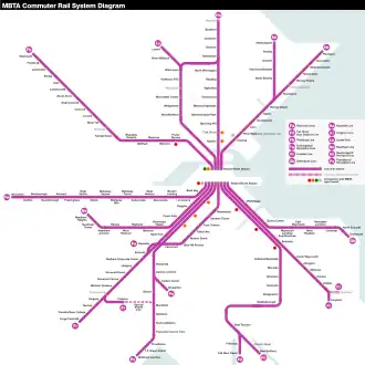 A stylized map of the MBTA Commuter Rail system