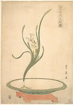 Flower Arrangement of Narcissus in a Flat Green Dish
