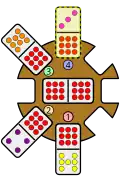 A 9-3 domino is placed leading north from the station hub, which has a double-9 domino as the engine. There is already a 9-7 domino leading south, a 9-4 domino leading southwest, and a 9-8 domino leading northwest from the station hub.
