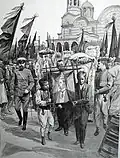 L'Illustration magazine depicting a refugee demonstration in Sofia, Bulgaria, after the crushing of the Uprising.