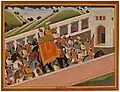 Maharajah Narinder Singh of Patiala on an elephant proceeding up the rampart of a palace
