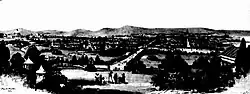 From Australian Town and Country Journal, 6 June 1906, an image taken of the work of artist Charles Coulter. The accompanying description reads, "The second is an imaginative picture, which serves to convey an idea of the appearance of the Federal city if built at Mahkoolma. This view looks towards Mount Carroll, which can be seen in the centre of the picture."