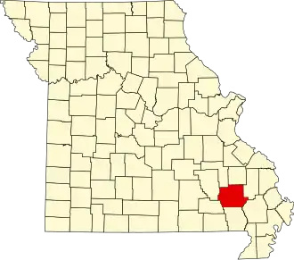 Map of Missouri highlighting Wayne County
