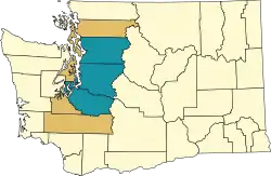 Map of Washington state with the Seattle metropolitan area and combined statistical area highlighted
