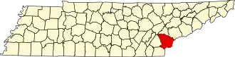 Map of Tennessee highlighting Monroe County