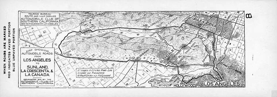 Tropico in foreground of 1916 road map "to Sunland, La Crescenta, and La Canada"