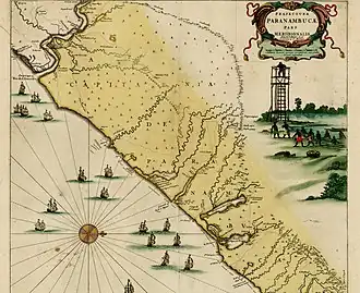 Southern part of the Captaincy of Pernambuco, in modern-day state of Alagoas, with representation of the Quilombo dos Palmares. This map is drawn with the west on top.