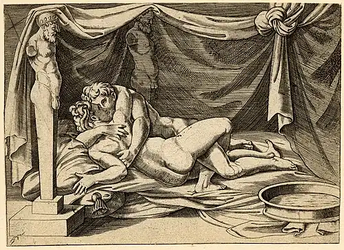 The corresponding image thought to be by Agostino Veneziano. Around 1530.[2] British Museum