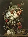 Still life with flowers, a bird's nest and butterflies, 1817