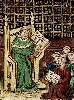 A scholar and students at the University of Paris, by Gautier de Metz (1464)