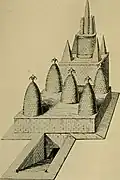 A drawing in perspective of a building with a subterranean entrance and 14 protrusions.