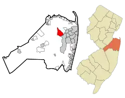 Location of Lincroft in Monmouth County highlighted in red (left). Inset map: Location of Monmouth County in New Jersey highlighted in orange (right).