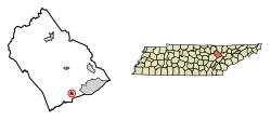 Location of Oakdale in Morgan County, Tennessee.