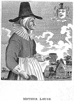 Engraving of an alewife serving beer