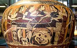 Thetis and the Nereids mourning Achilles, Corinthian black-figure hydria, c. 555 BCE (Louvre, Paris)