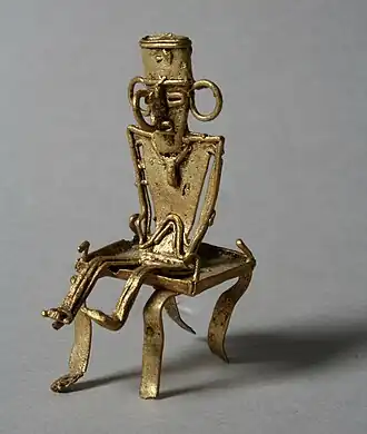 Muisca tunjo on stool,  10th–16th century, Lake Guatavita region, Altiplano Cundiboyacense