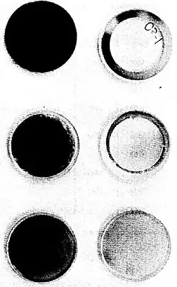 Post-flight appearance of Os, Ag, and Au mirrors from the front (left images) and rear panels of the Space Shuttle. Blackening reveals oxidation due to irradiation by oxygen atoms.[74][75]