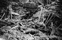 German trench destroyed by the explosion of a mine in the Battle of Messines. Approximately 10,000 German troops were killed when the mines were simultaneously detonated at 3:10&nbsp;a.m. on 7 June 1917.