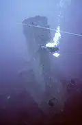 Navy diver and survey line at the stack in 1987
