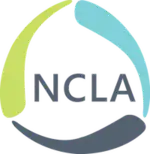 three little swirly things in bluegreen tones with the letters NCLA in the middle