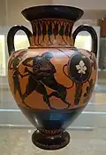 Neck amphora c. 530 BC, Side A (Herakles and Nemean Lion with Athena and Iolaos), Side B (Warrior and two horsemen). Chazen Museum of Art