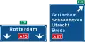 K4: High level motorway information sign showing lane instructions for through traffic and exit panel showing intermediary destinations, with the motorway number and European route numbers (old)